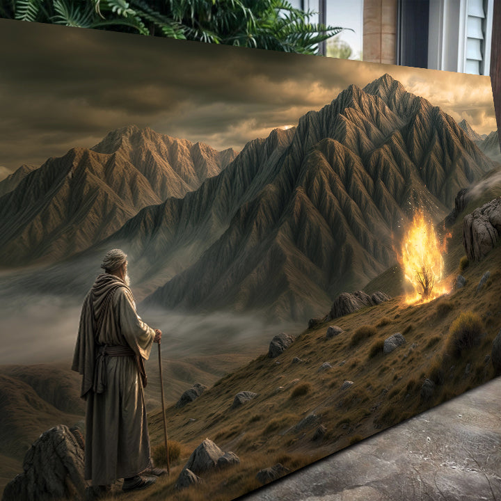 Burning Bush Faith Wall Art canvas robed traveler with staff before glowing bush amid jagged mountains on Tampa Home & Garden Store