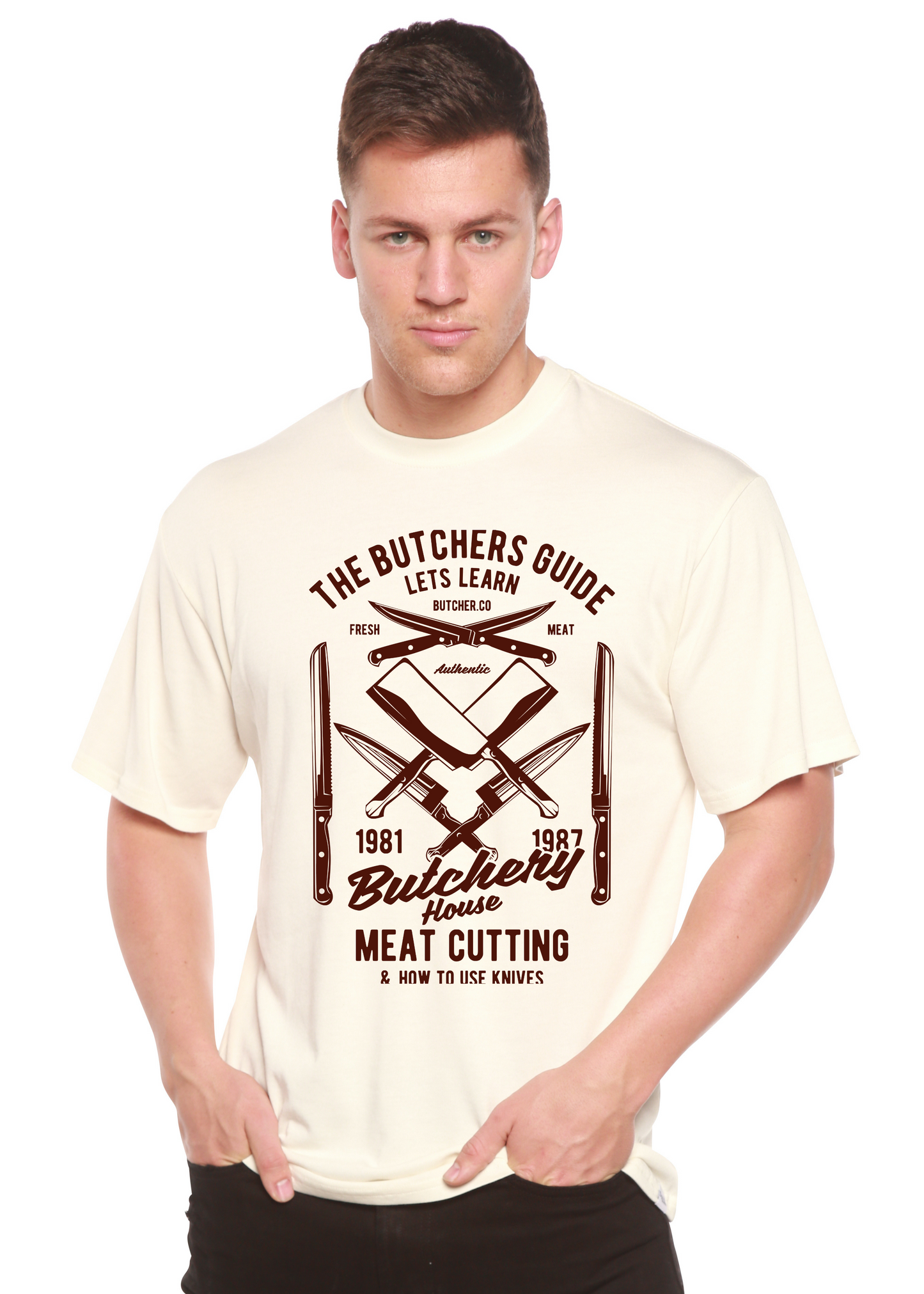 Mens cream bamboo viscose/organic cotton graphic tee with butcher knife print by Spun Bamboo on Tampa Home & Garden Store