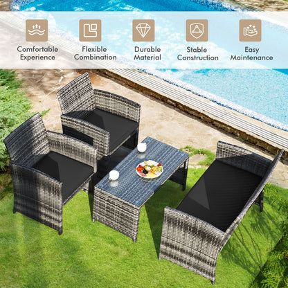 Juego de muebles de patio de ratán de 4 piezas con mesa de vidrio y sofá biplaza - Negro