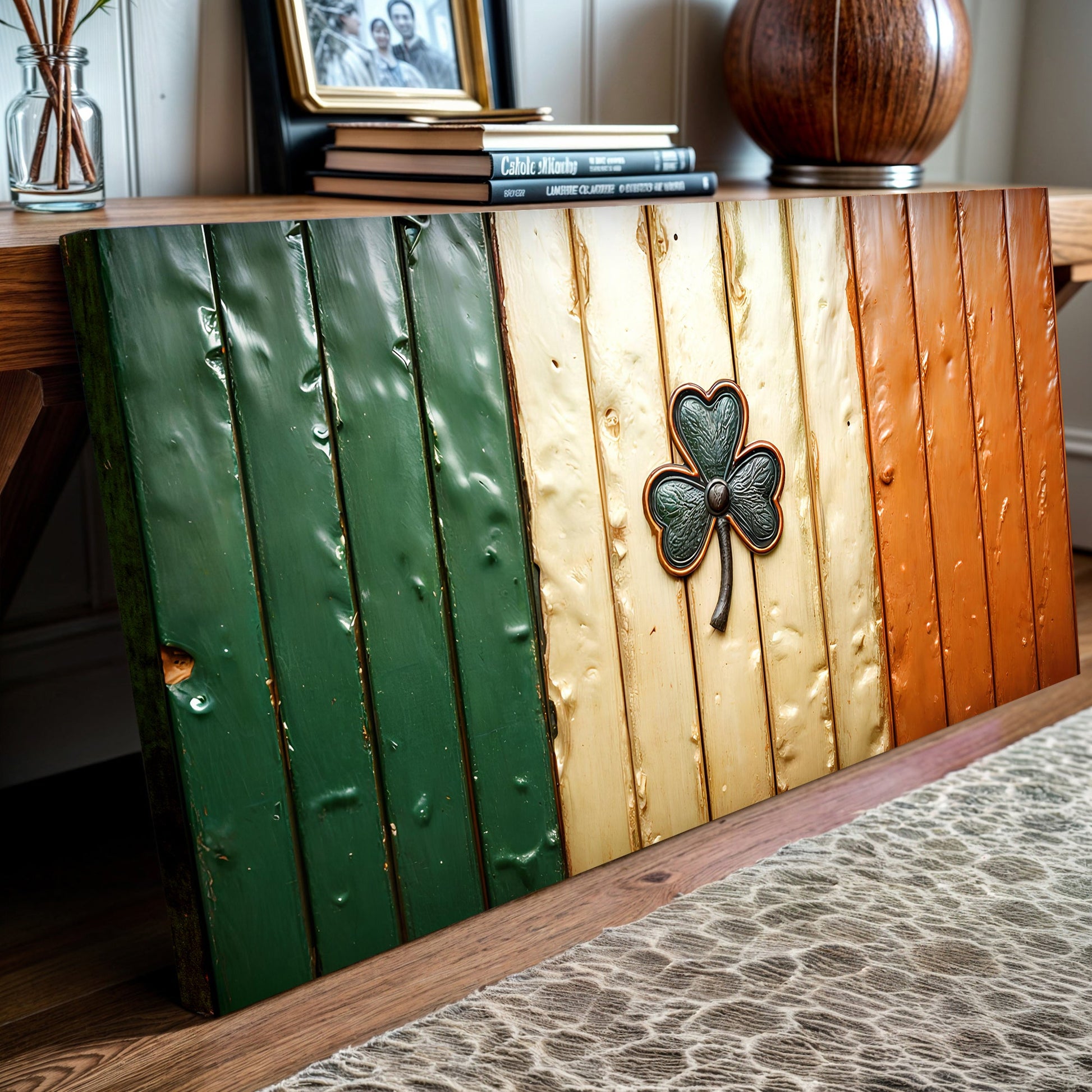 Irish Shamrock Glory Wooden Flag Wall Art II canvas with green and natural wood planks on Tampa Home & Garden Store
