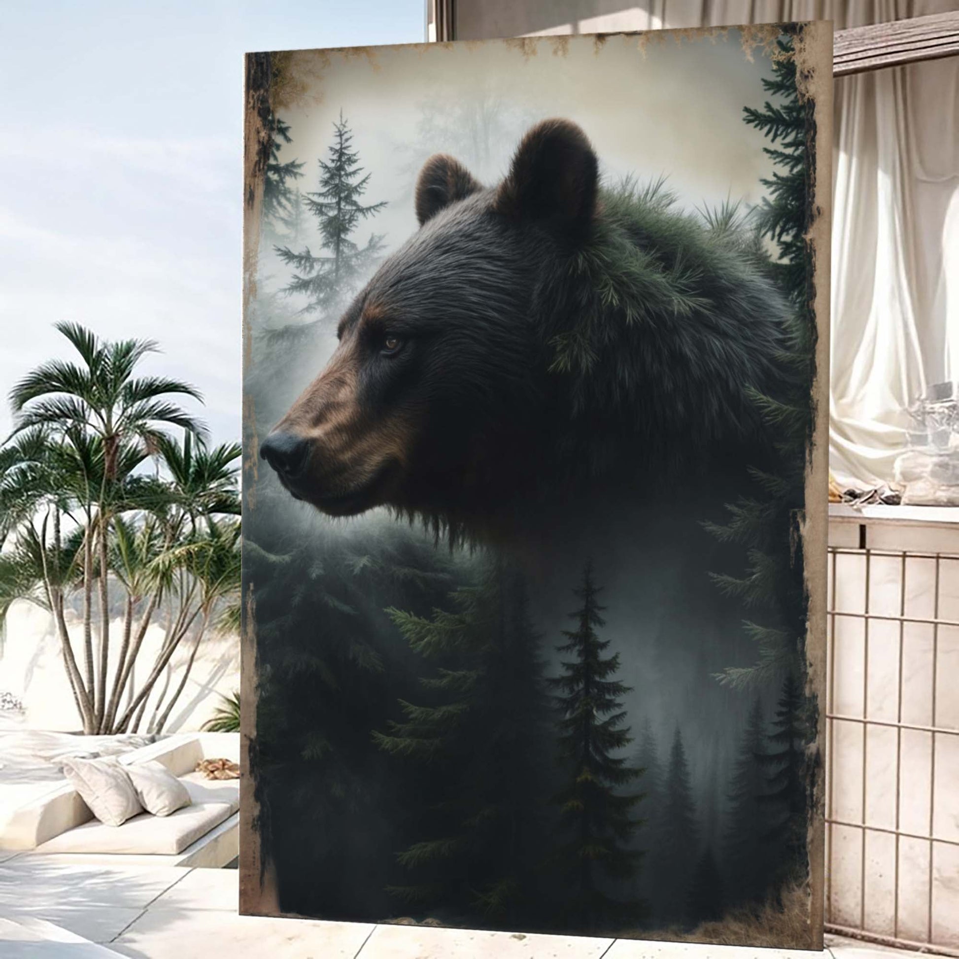 Black Bear Exposure Wall Art canvas by Tailored Canvases showing black bear head in forest on Tampa Home & Garden Store
