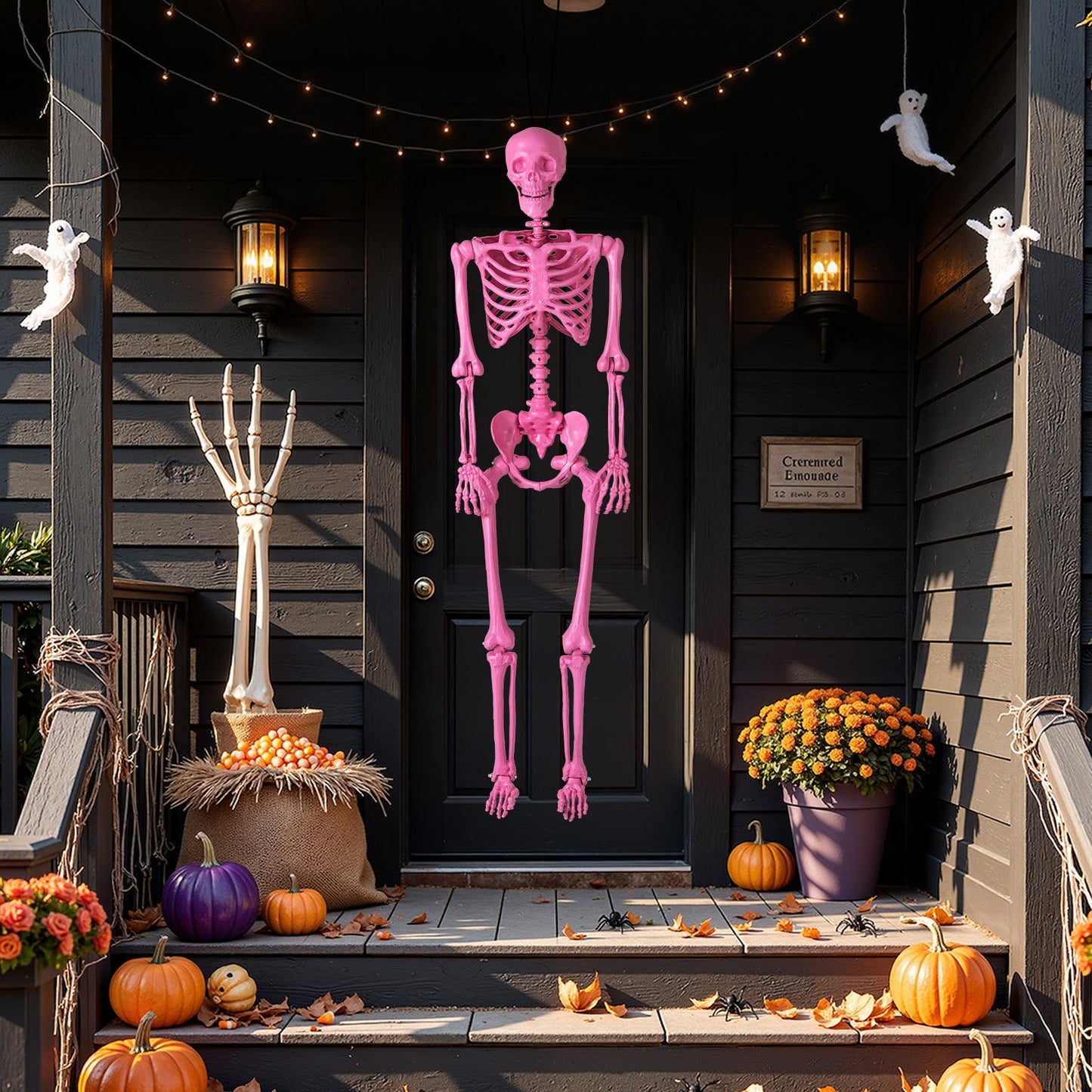 5.5 ft life-size pink poseable skeleton with movable joints DirectDeals on a Halloween porch on Tampa Home & Garden Store