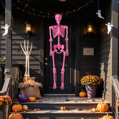 5.5 ft life-size pink poseable skeleton with movable joints DirectDeals on a Halloween porch on Tampa Home & Garden Store