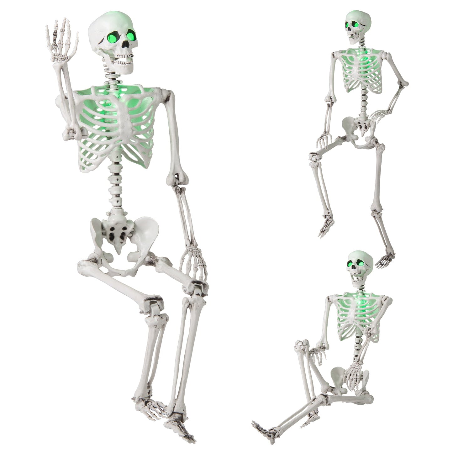 5.5 ft life-size posable Halloween skeleton with green LED chest and eyes for indoor-outdoor use on Tampa Home & Garden Store