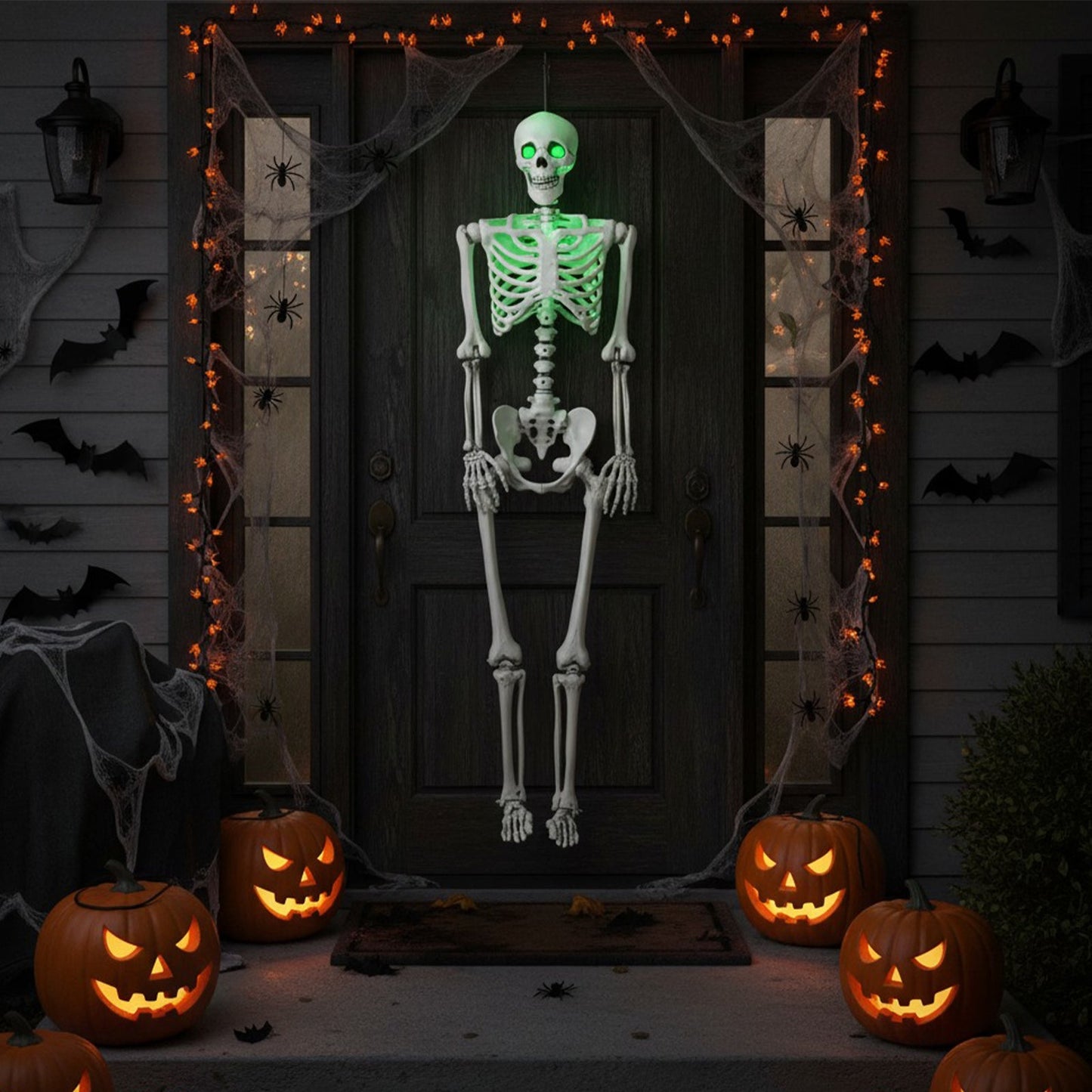 5.5 ft life-size Halloween skeleton cardboard cutout by DirectDeals with green glow on porch on Tampa Home & Garden Store