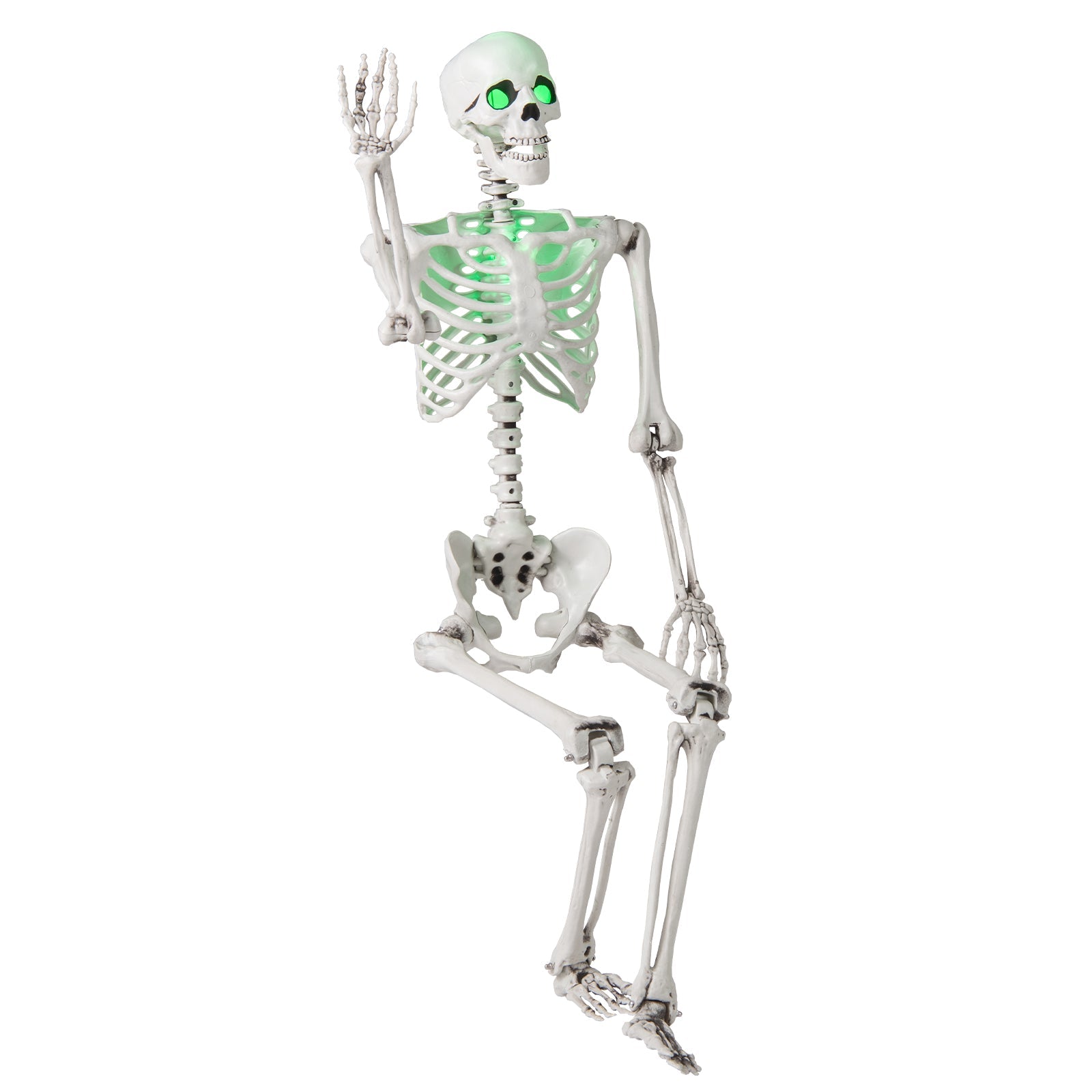 5.5 ft life-size Halloween skeleton posable prop with glowing green eyes for indoor outdoor use on Tampa Home & Garden Store