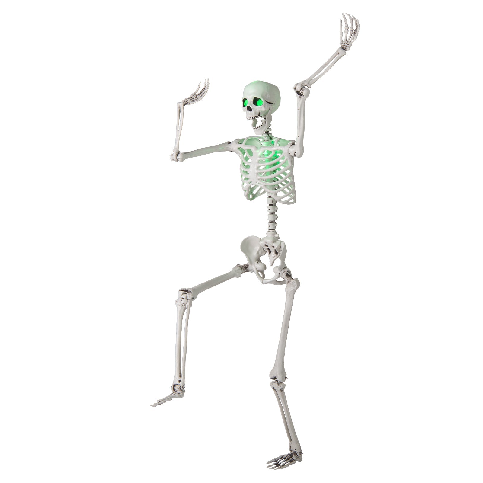 Life-size 5.5 ft Halloween skeleton, posable with glowing green eyes for indoor/outdoor decor on Tampa Home & Garden Store
