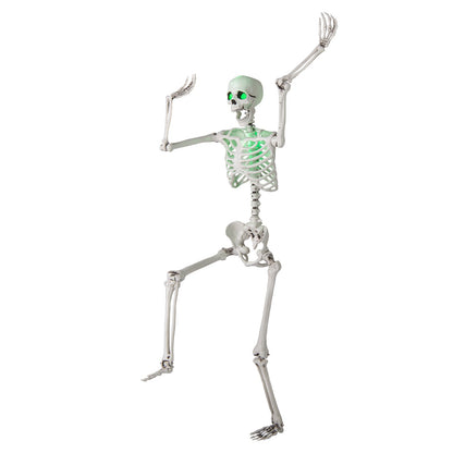Life-size 5.5 ft Halloween skeleton, posable with glowing green eyes for indoor/outdoor decor on Tampa Home & Garden Store