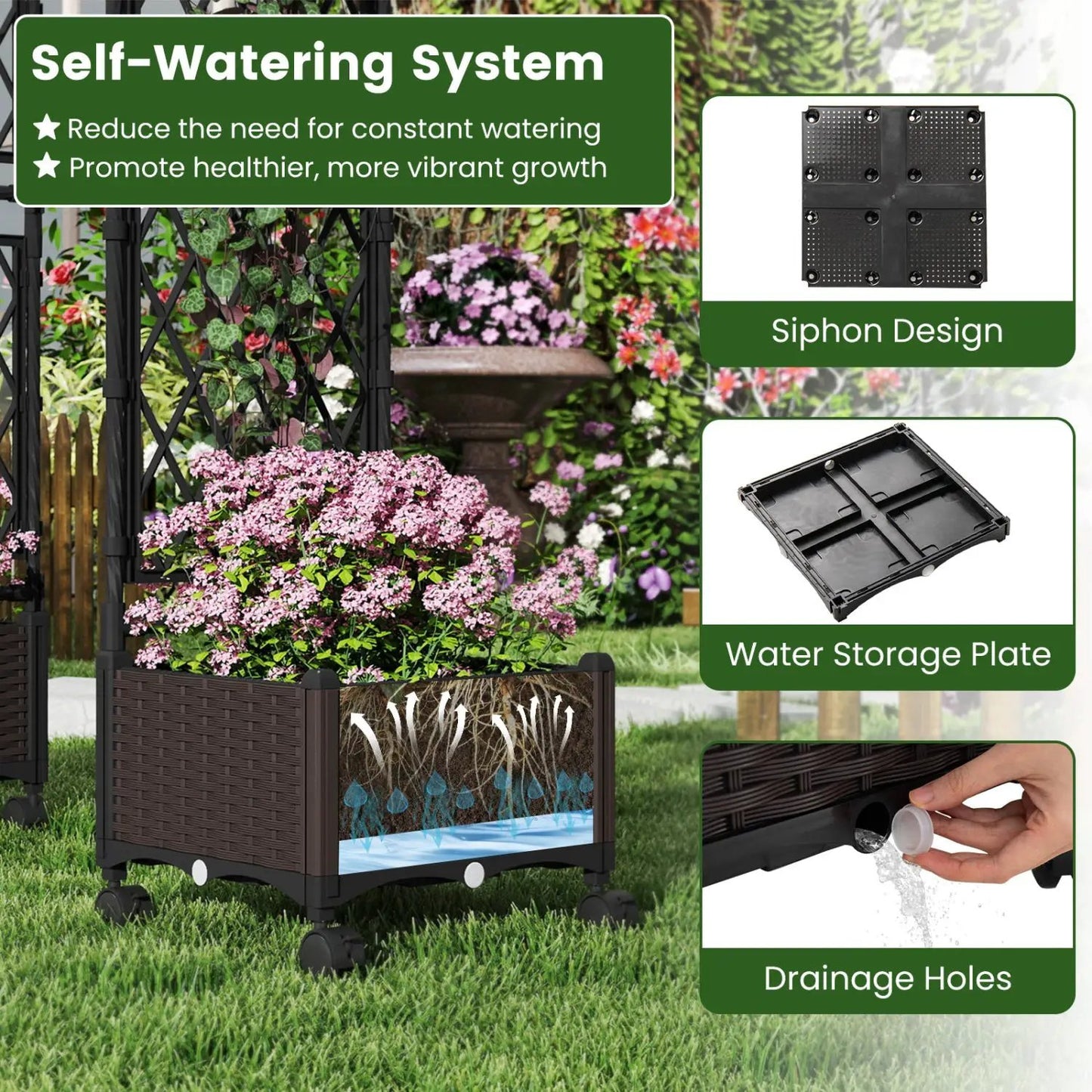 Self-Watering Planter Boxes with Lattice Roof