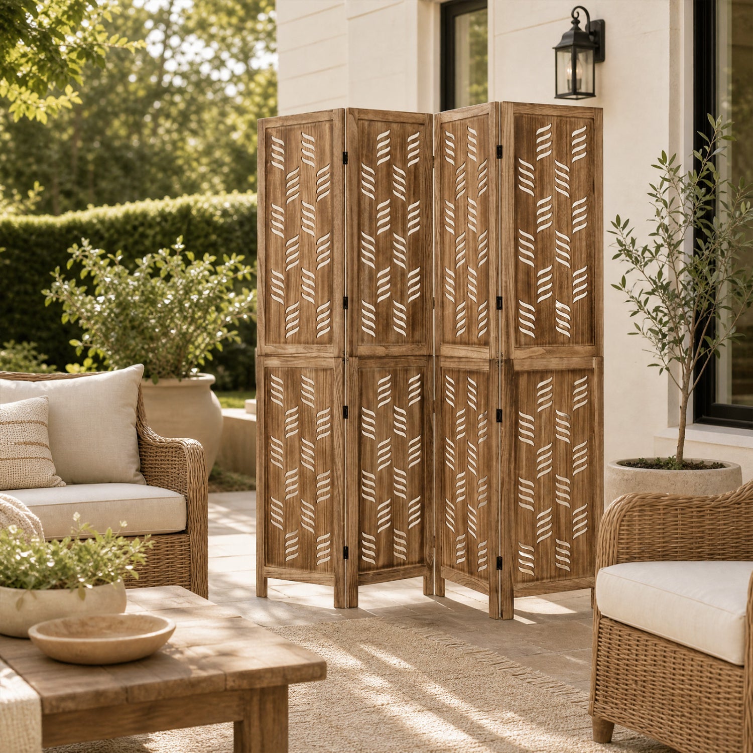4-panel room divider with wave cutouts, paulownia frame, DirectDeals screen in warm wood finish on Tampa Home & Garden Store