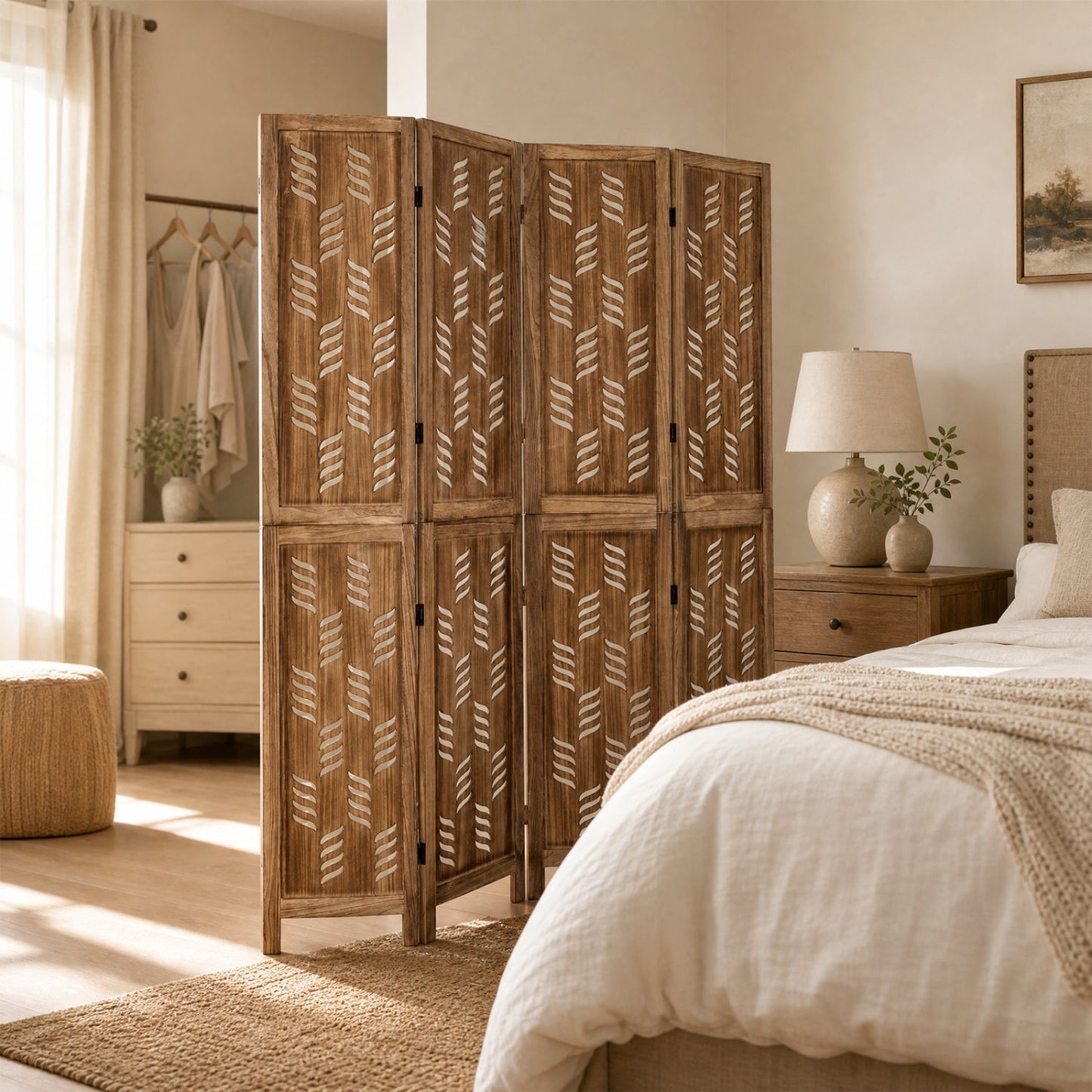 4-panel room divider in warm paulownia wood with white wave cutouts DirectDeals on Tampa Home & Garden Store