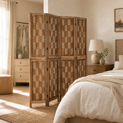 4-panel room divider in warm paulownia wood with white wave cutouts DirectDeals on Tampa Home & Garden Store