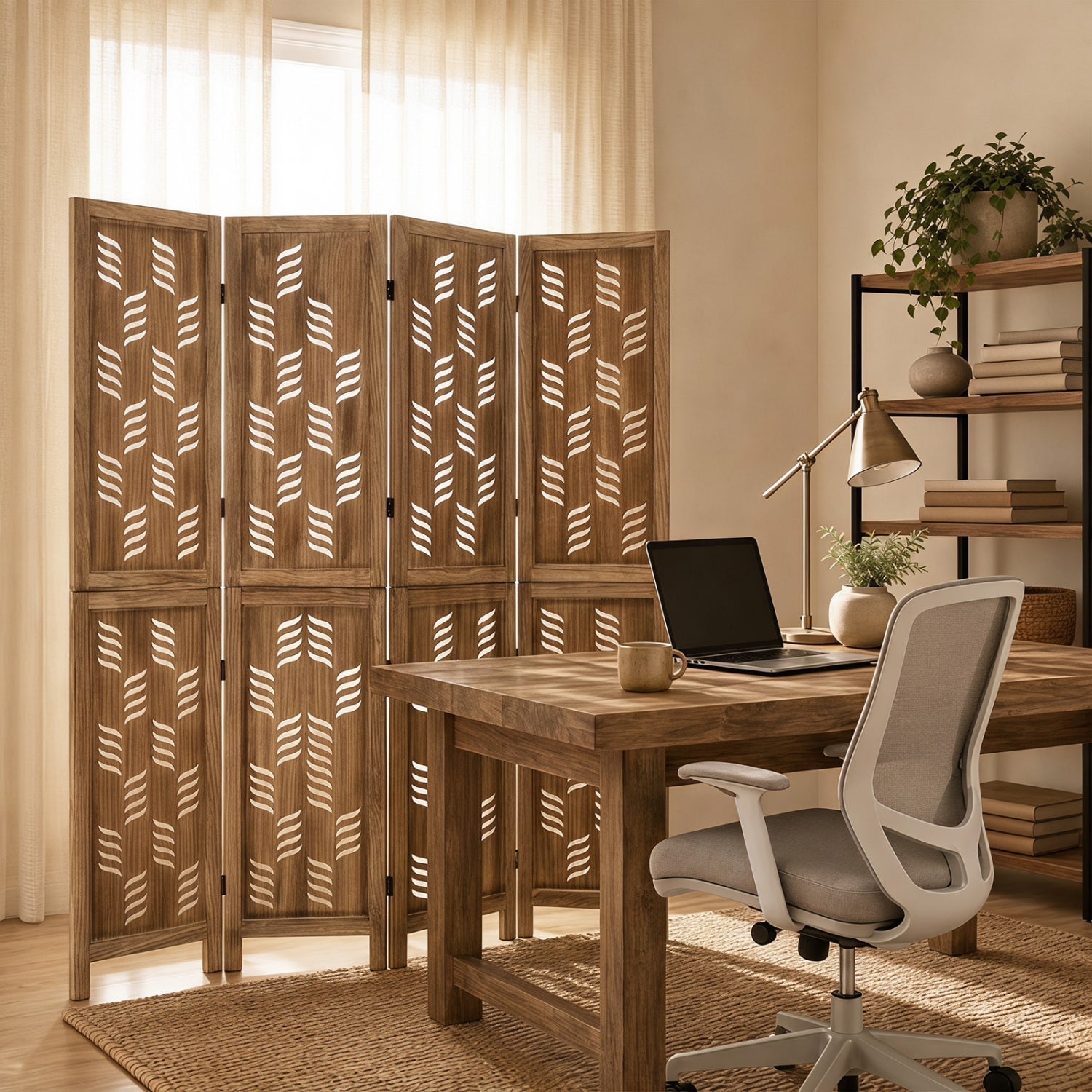 Four-panel wooden room divider with wave cutouts and paulownia frame in warm brown on Tampa Home & Garden Store