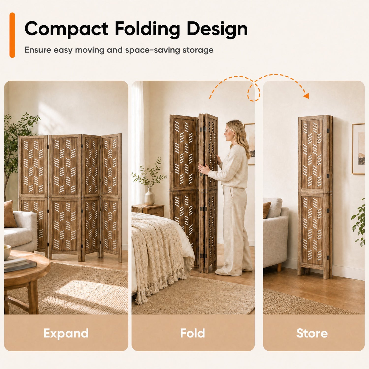 4-Panel room divider with wave-cutout paulownia frame by DirectDeals on Tampa Home & Garden Store