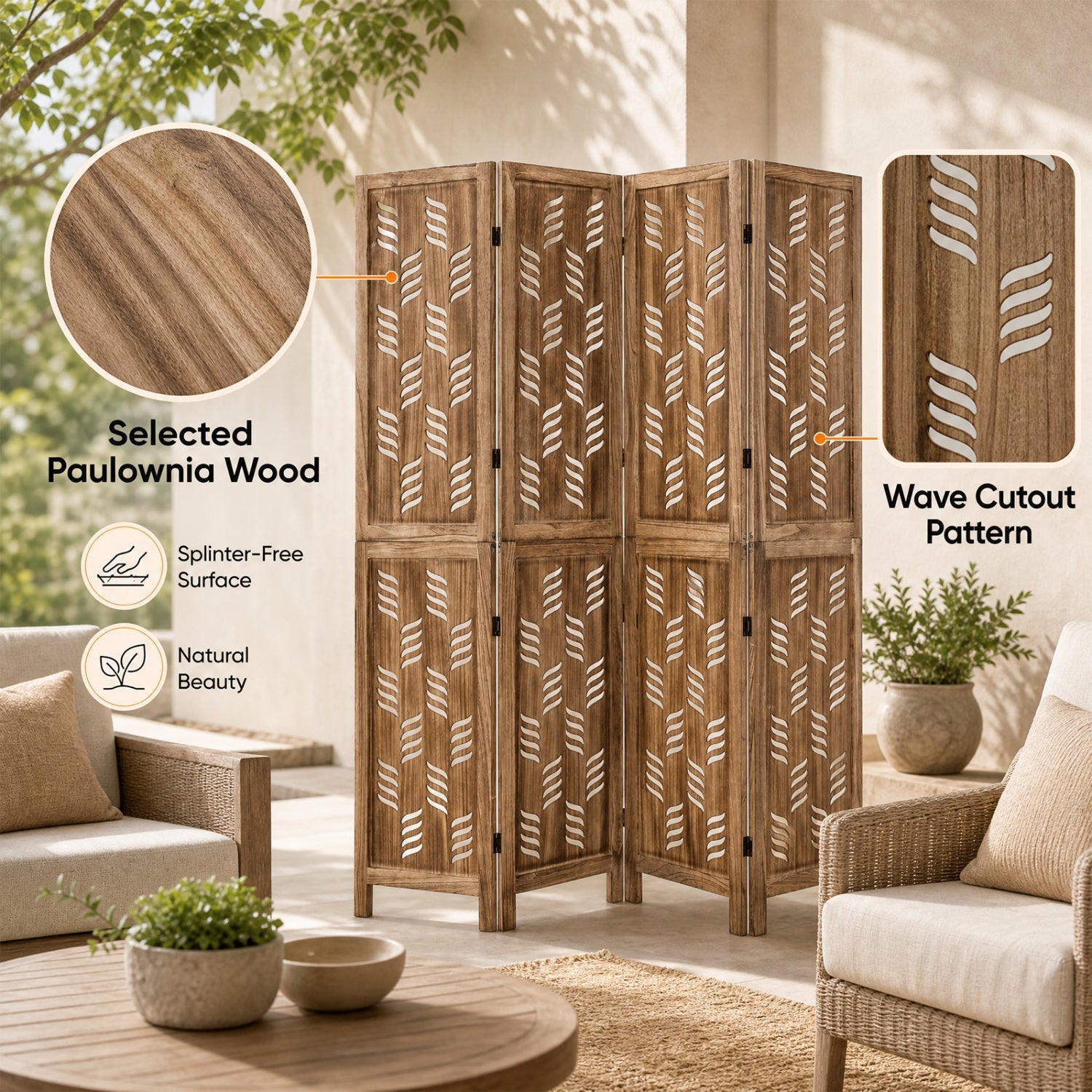 4-panel room divider with Paulownia wood frame and wave cutout pattern by DirectDeals on Tampa Home & Garden Store
