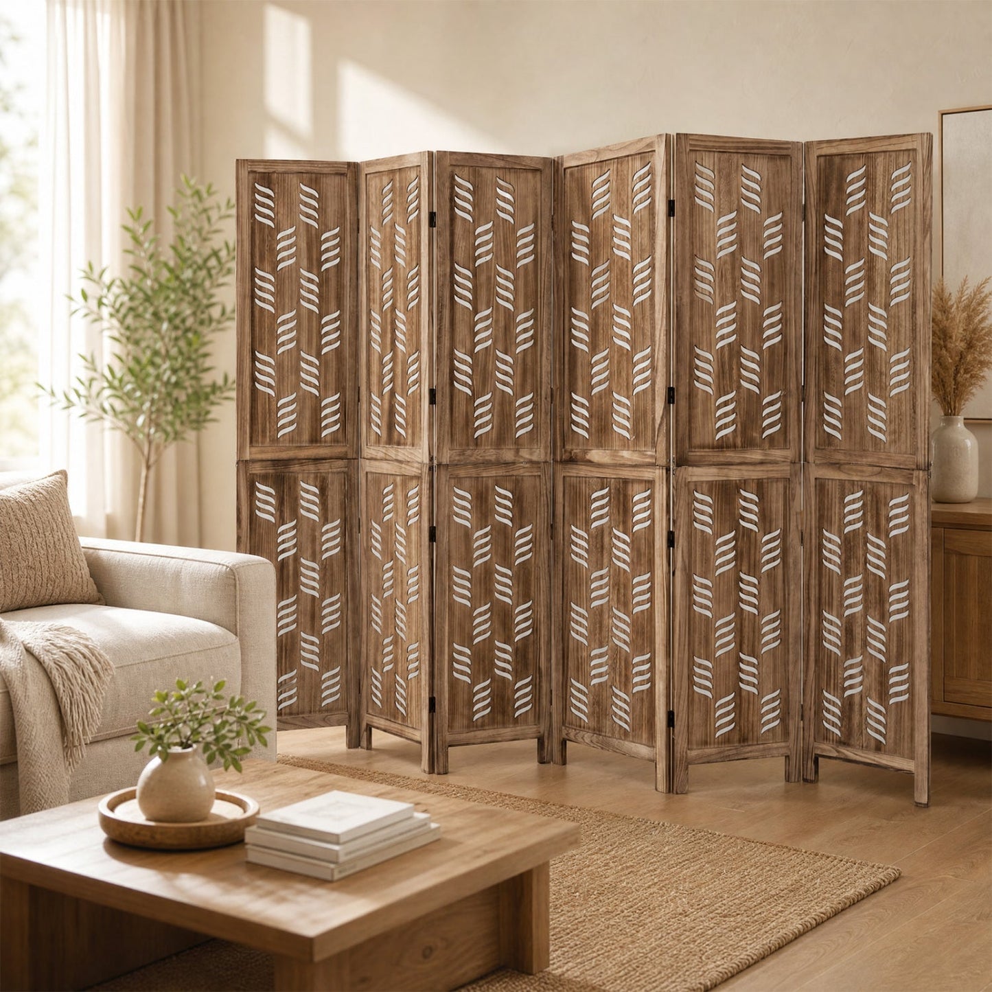 6-Panel Room Divider with Wave Cutout in brown Paulownia wood, 95 inches tall, DirectDeals on Tampa Home & Garden Store