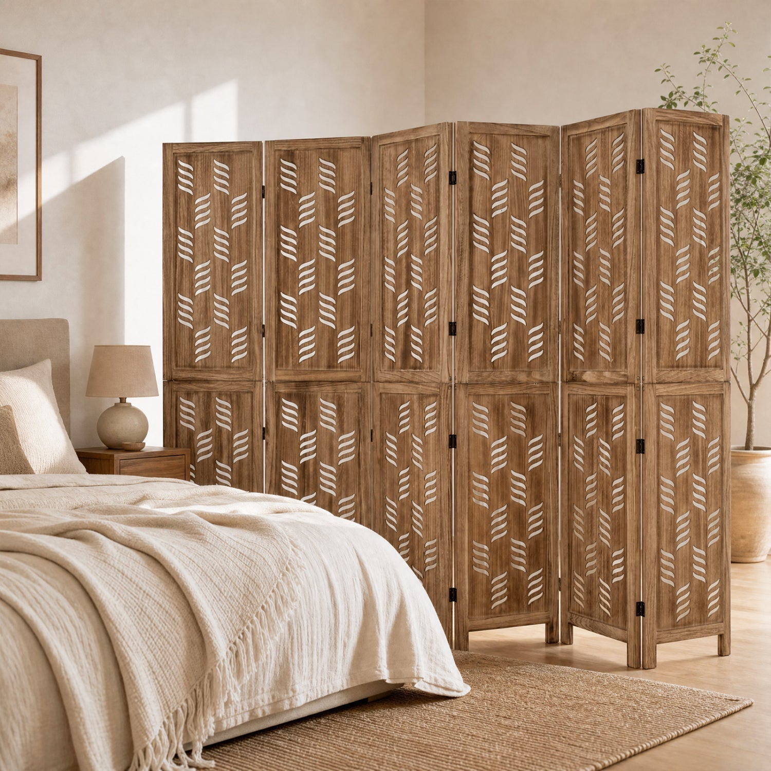 DirectDeals 6-panel room divider in natural paulownia wood with white wave cutouts on Tampa Home & Garden Store