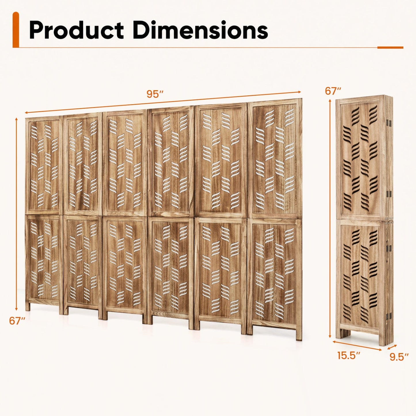 6-panel room divider with wave cutouts in natural paulownia wood, 95 inches long, DirectDeals on Tampa Home & Garden Store