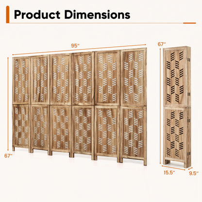 6-panel room divider with wave cutouts in natural paulownia wood, 95 inches long, DirectDeals on Tampa Home & Garden Store