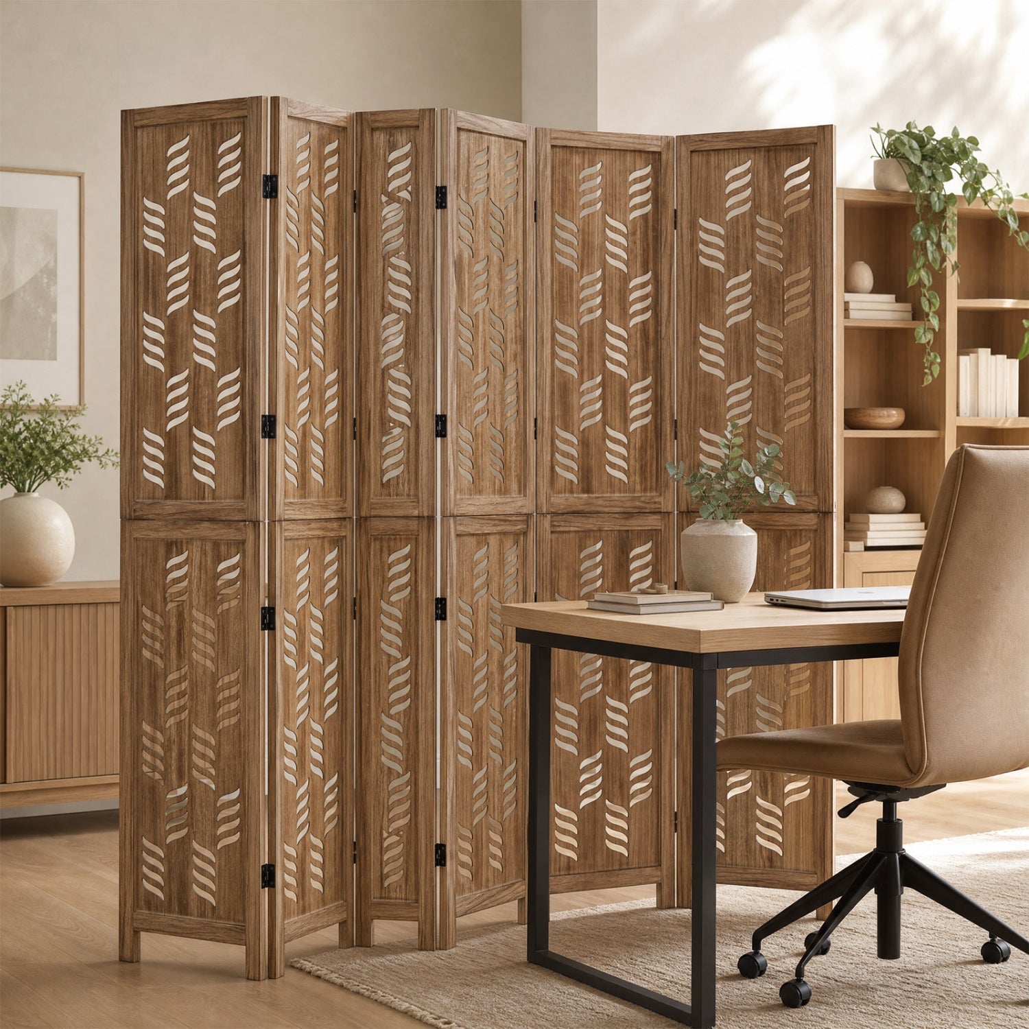 6-panel room divider by DirectDeals in warm paulownia wood with white wave cutouts on Tampa Home & Garden Store