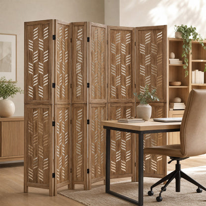6-panel room divider by DirectDeals in warm paulownia wood with white wave cutouts on Tampa Home & Garden Store