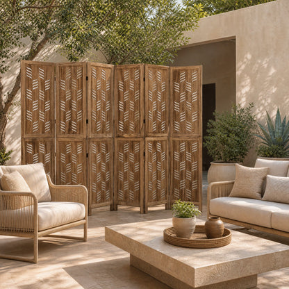 6-panel room divider in natural paulownia wood with white wave-cutout patterns DirectDeals on Tampa Home & Garden Store