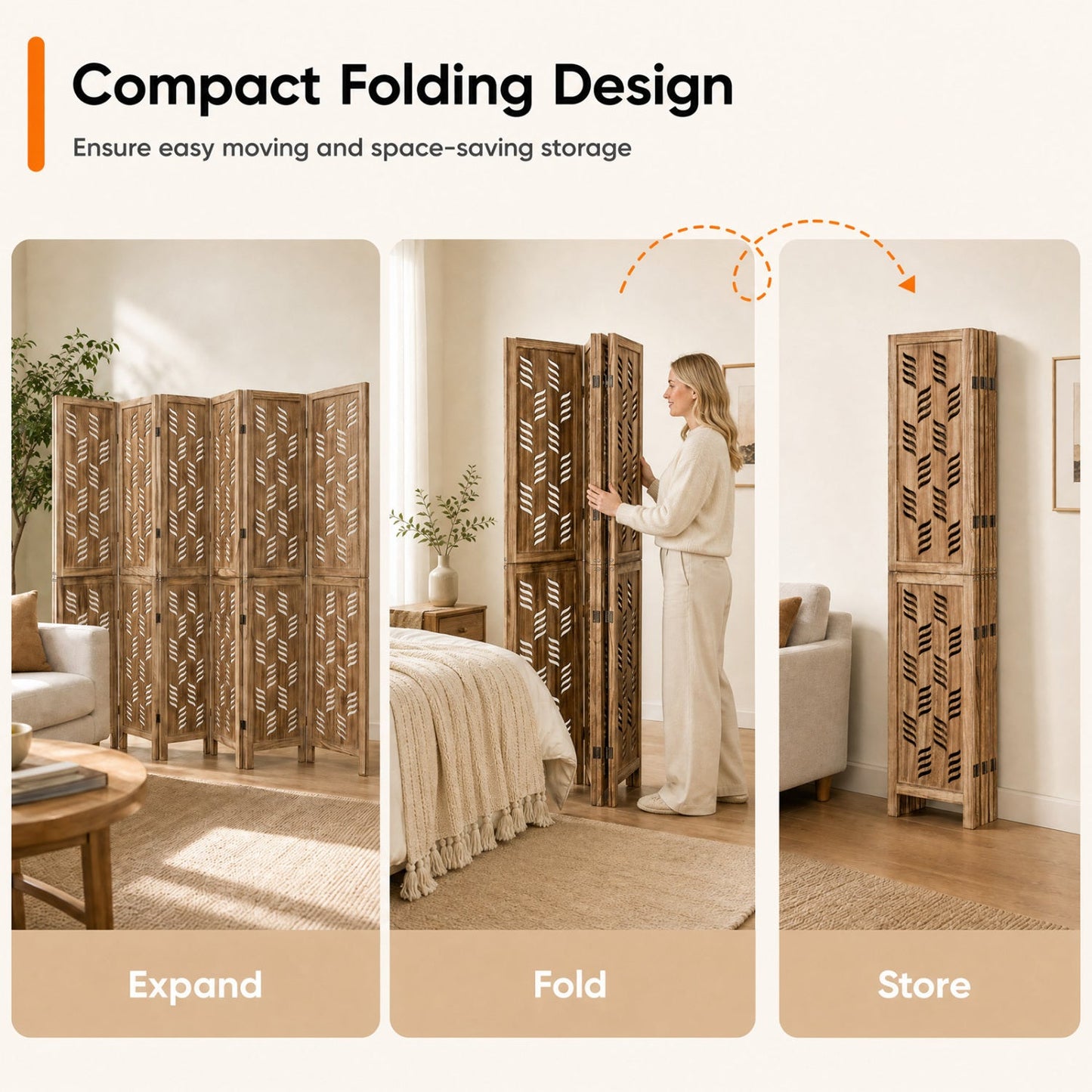 6-Panel Room Divider with Wave Cutout, 95-inch Paulownia Wood by DirectDeals on Tampa Home & Garden Store