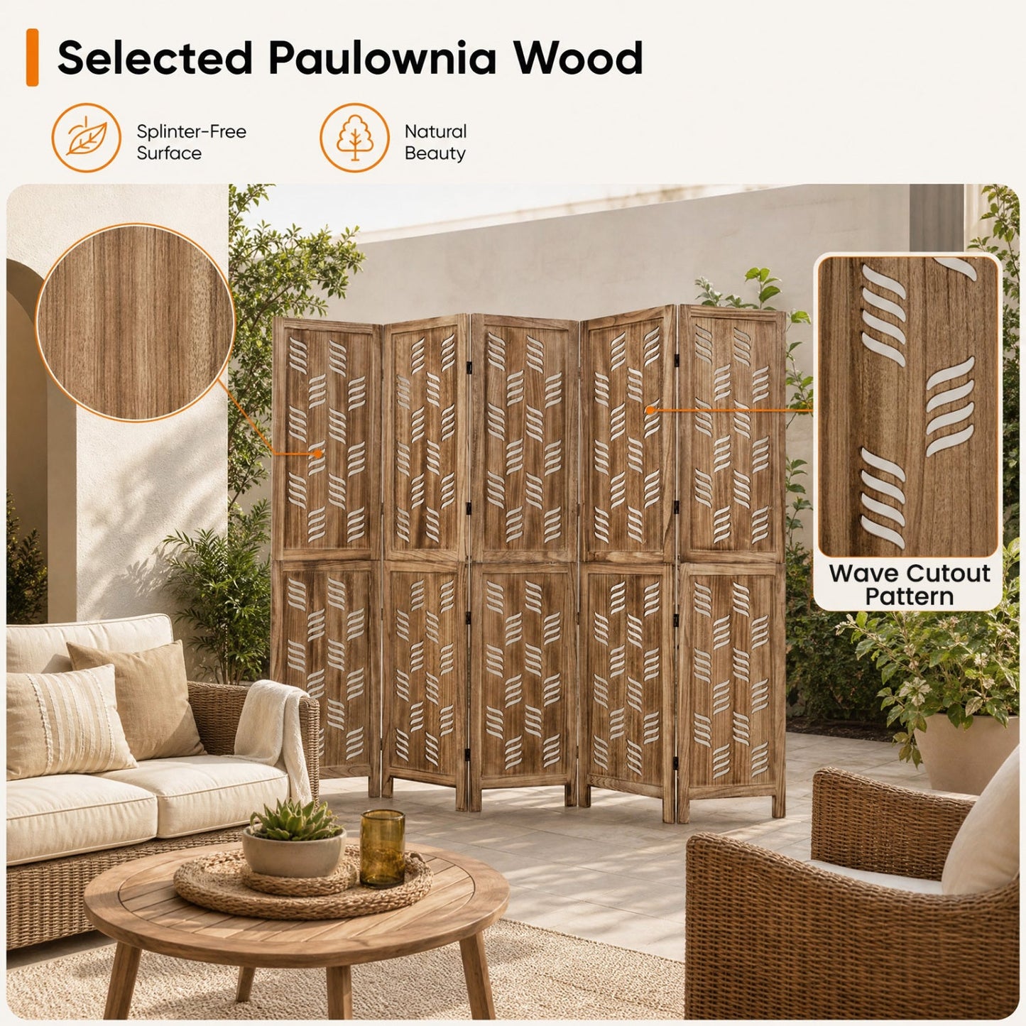 6-Panel Room Divider with Wave Cutout in natural paulownia wood by DirectDeals on Tampa Home & Garden Store