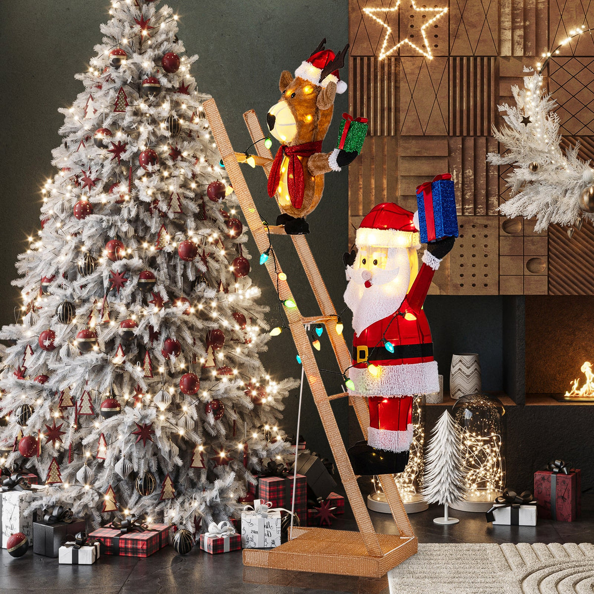 5.5 Feet Christmas Lighted Reindeer and Santa on Ladder with 100 LED Lights, DirectDeals on Tampa Home & Garden Store