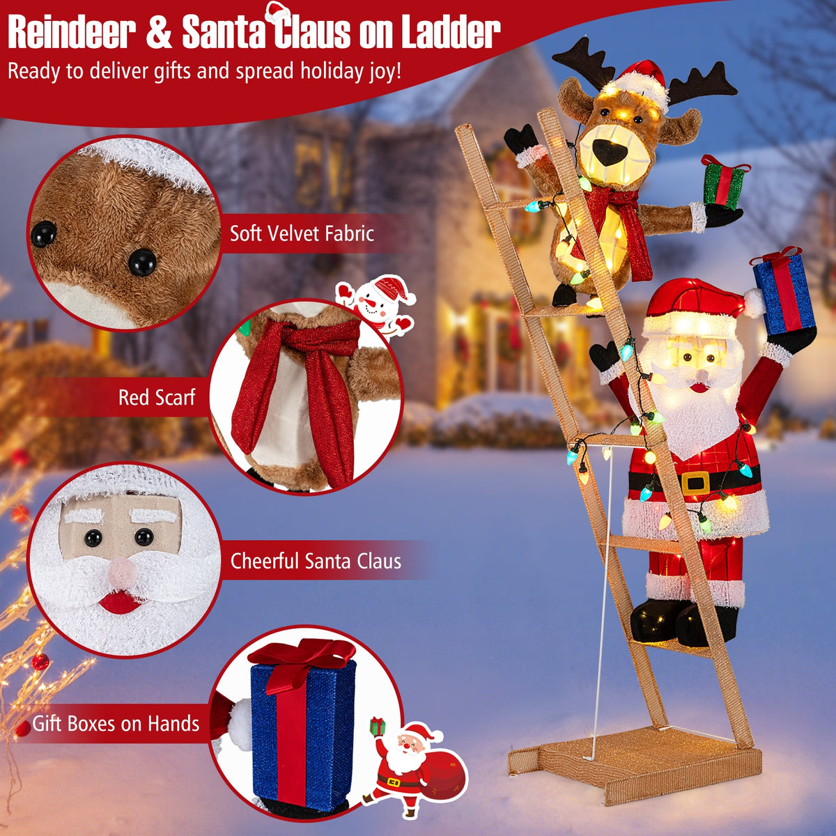 5.5 ft lighted Reindeer with Santa on ladder, 100 LEDs, plush velvet fabric, red scarf on Tampa Home & Garden Store