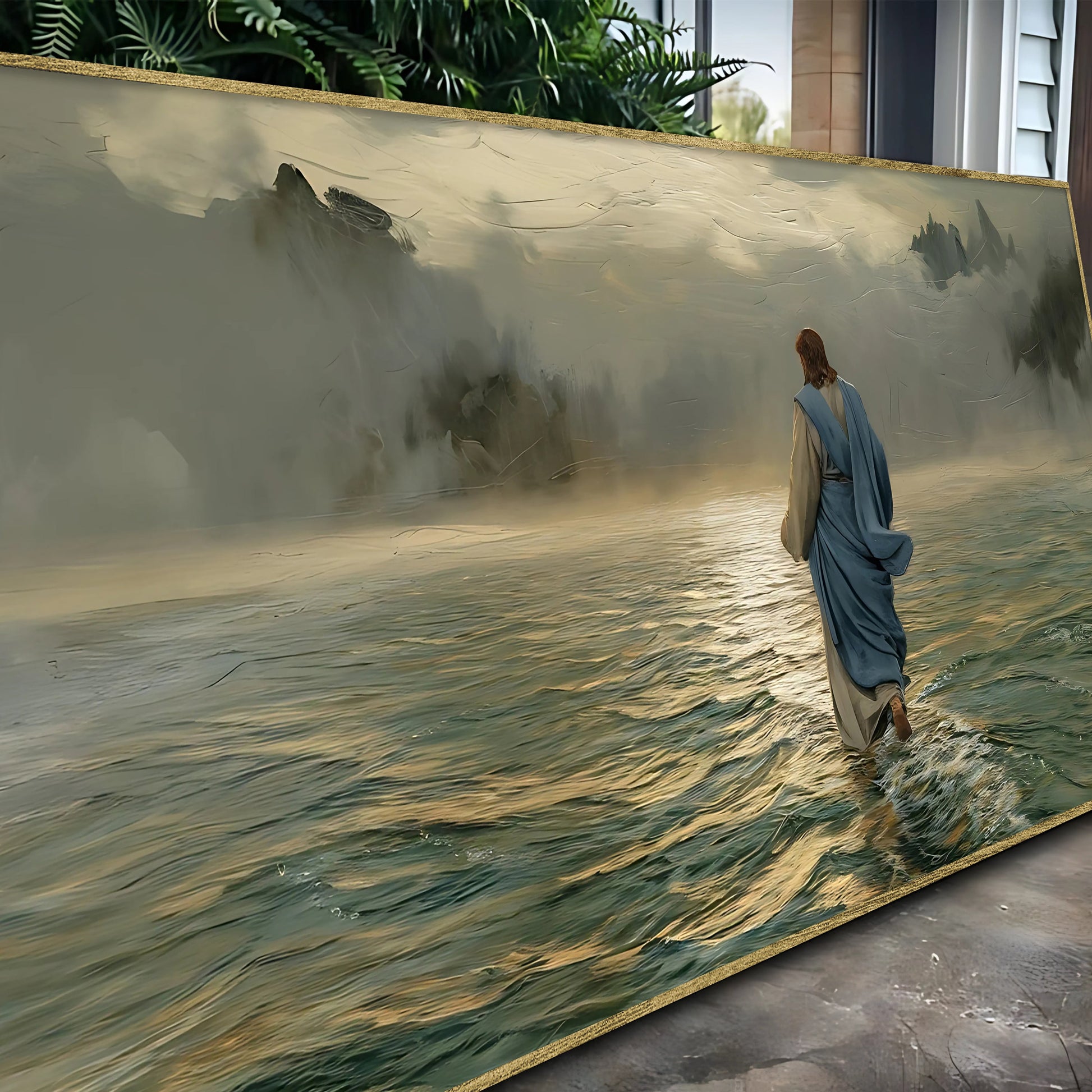 Walking on Water Faith Wall Art VI canvas; gold-edged canvas with blue-robed figure on water on Tampa Home & Garden Store