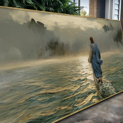 Walking on Water Faith Wall Art VI canvas; gold-edged canvas with blue-robed figure on water on Tampa Home & Garden Store