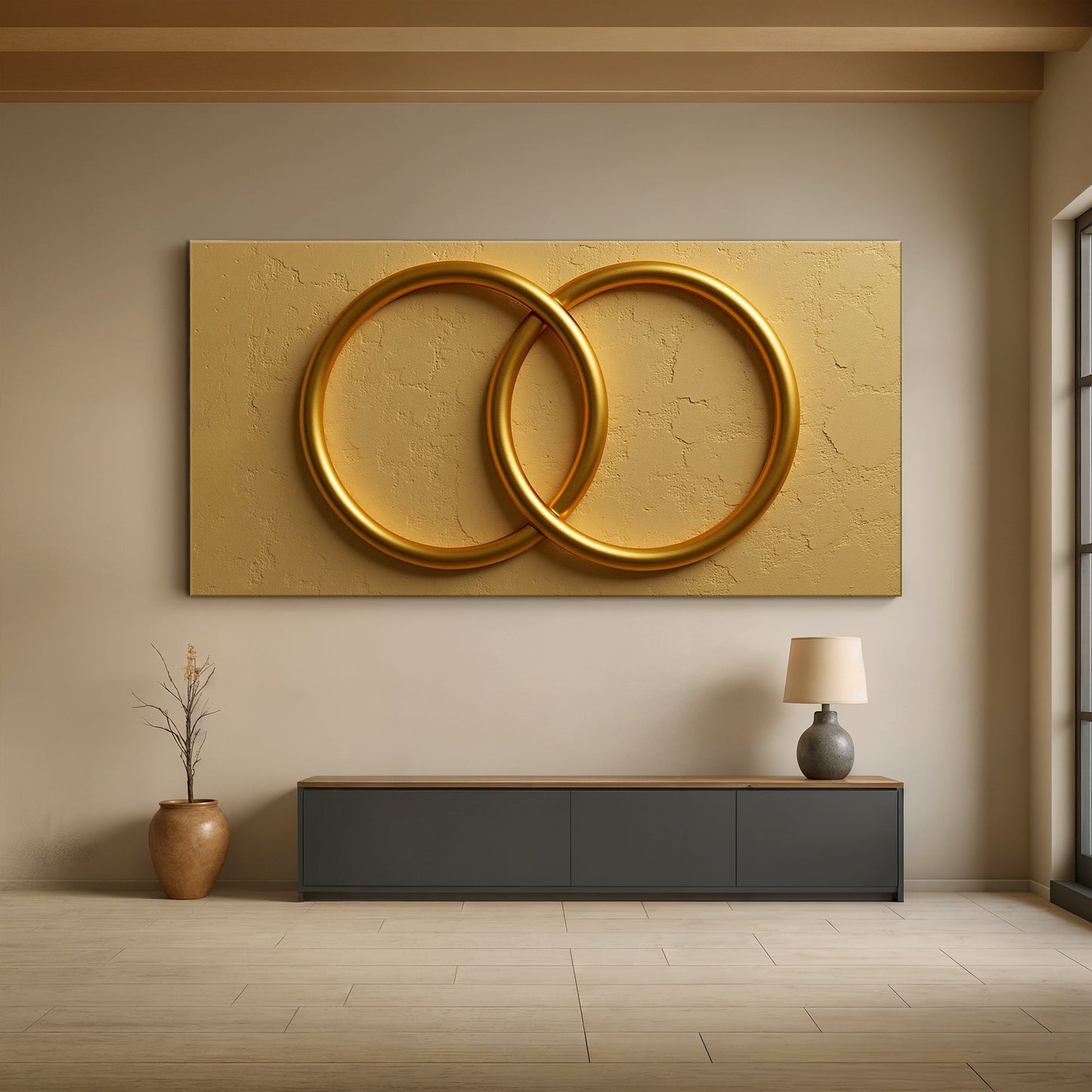 Sacred Union Wall Art canvas by Tailored Canvases with gold intertwined rings on a gold panel on Tampa Home & Garden Store