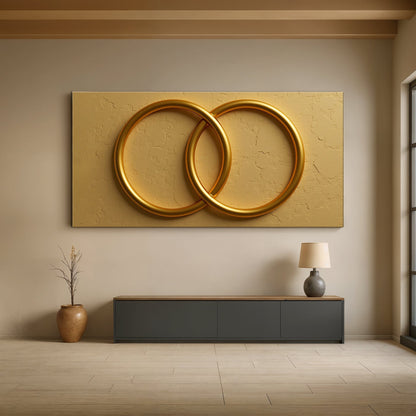 Sacred Union Wall Art canvas by Tailored Canvases with gold intertwined rings on a gold panel on Tampa Home & Garden Store