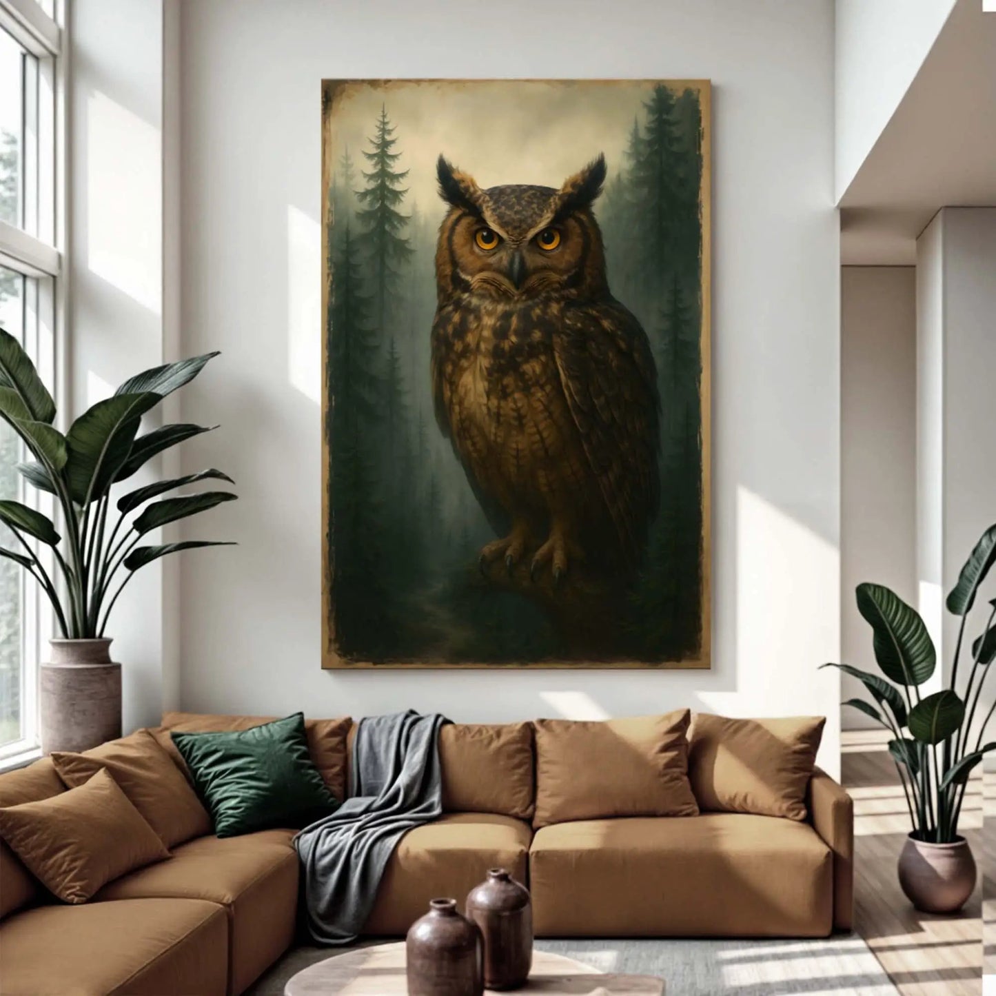 Watcher Of The Woods Owl Wall Art canvas; owl portrait with amber eyes against a forest backdrop on Tampa Home & Garden Store