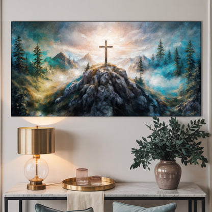 Cross On A Hill Faith Wall Art III canvas by Tailored Canvases; blue sky, rocky peak, pines on Tampa Home & Garden Store