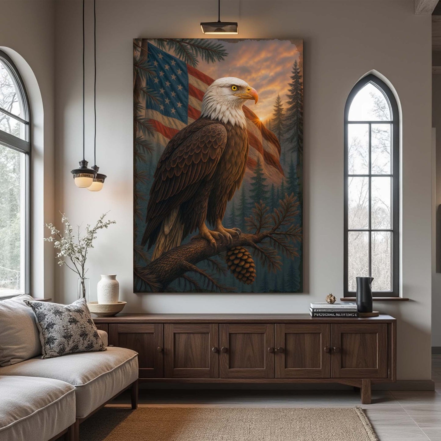 Canvas Sentinel of the Pines Eagle wall art with flag backdrop Tailored Canvases on Tampa Home & Garden Store