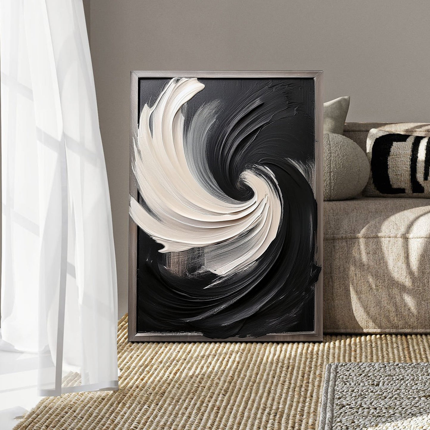 Black and White Vortex Abstract Wall Art canvas by Tailored Canvases with silver frame on Tampa Home & Garden Store