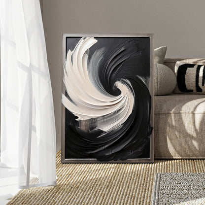 Black and White Vortex Abstract Wall Art canvas by Tailored Canvases with silver frame on Tampa Home & Garden Store