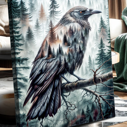Crow Double Exposure Canvas by Tailored Canvases in a misty evergreen forest on Tampa Home & Garden Store