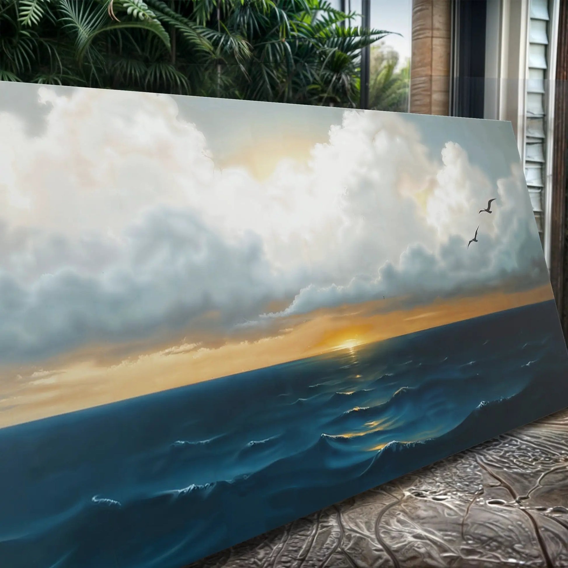 Waterscape Abstract Wall Art II canvas by Tailored Canvases; serene sea sky with birds on Tampa Home & Garden Store