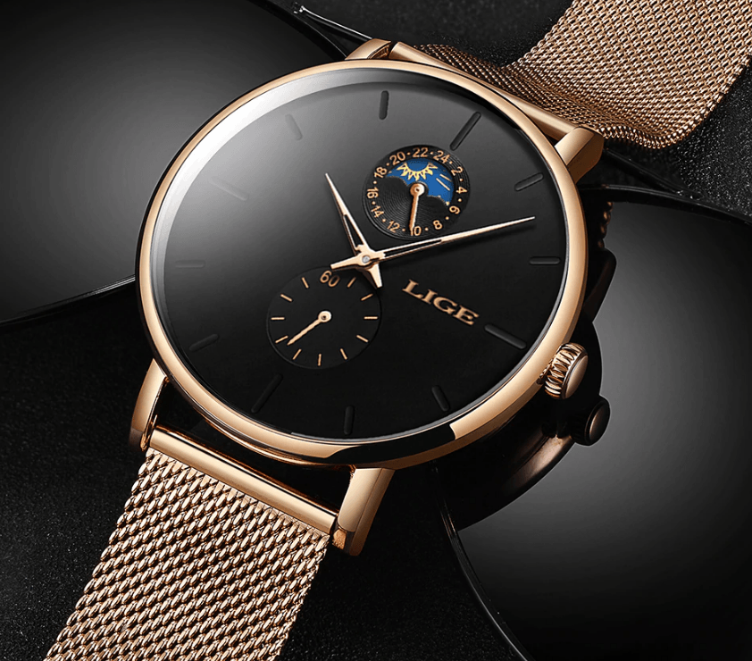 LIGE women's elegant waterproof watch with dual subdials, black dial, rose gold mesh bracelet on Tampa Home & Garden Store
