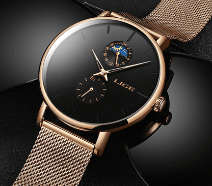 LIGE women's elegant waterproof watch with dual subdials, black dial, rose gold mesh bracelet on Tampa Home & Garden Store