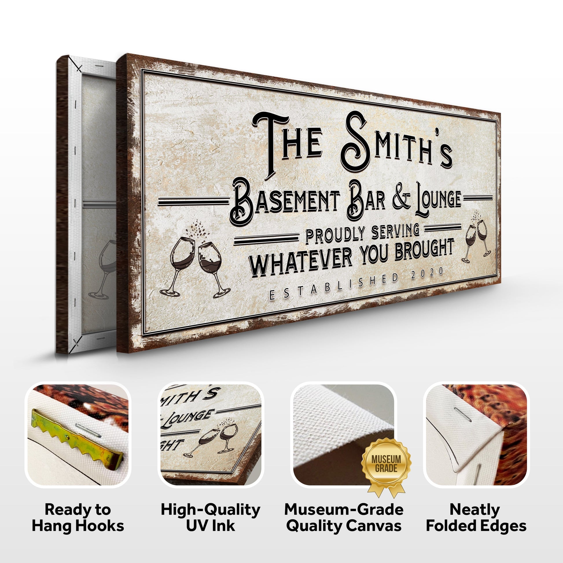 Basement Bar And Lounge Sign X canvas, distressed beige plaque, brown frame Tailored Canvases on Tampa Home & Garden Store