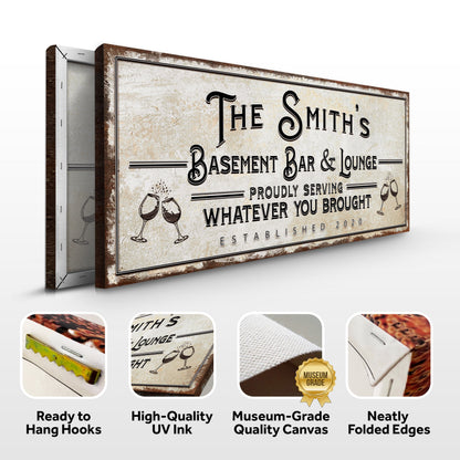 Basement Bar And Lounge Sign X canvas, distressed beige plaque, brown frame Tailored Canvases on Tampa Home & Garden Store