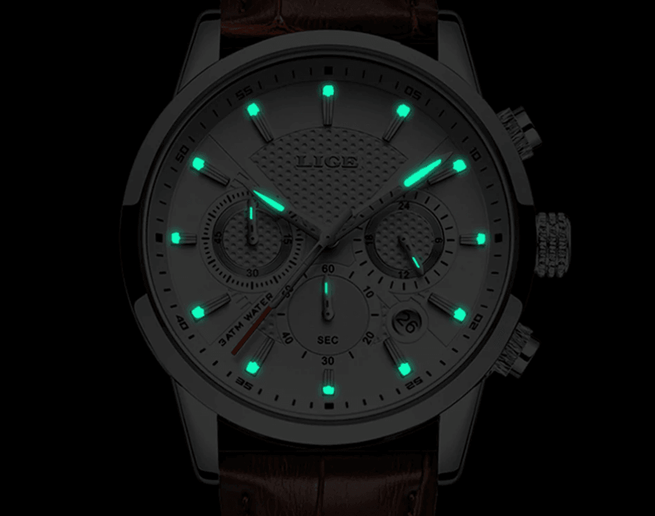 Men's Stevvex waterproof chronograph watch with luminescent green markers brown leather strap on Tampa Home & Garden Store
