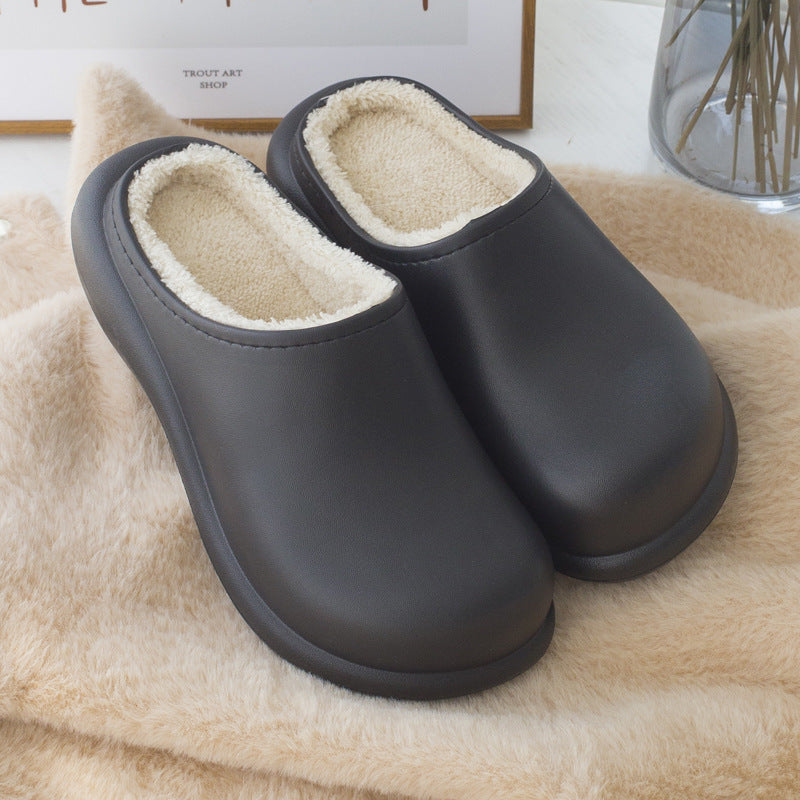 Stevvex black faux-leather indoor slippers with cream plush lining and memory foam pair on Tampa Home & Garden Store