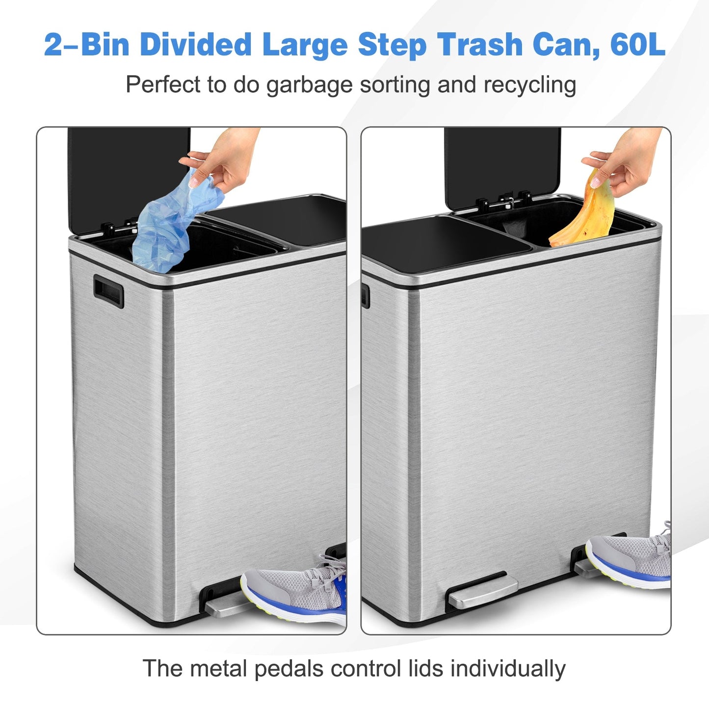 Cubo de basura doble de 60 litros para reciclaje con pedal - Plateado