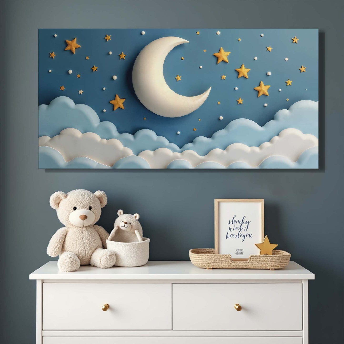 Celestial Serenade canvas wall art by Tailored Canvases; night sky with moon stars 2 teddy bears on Tampa Home & Garden Store
