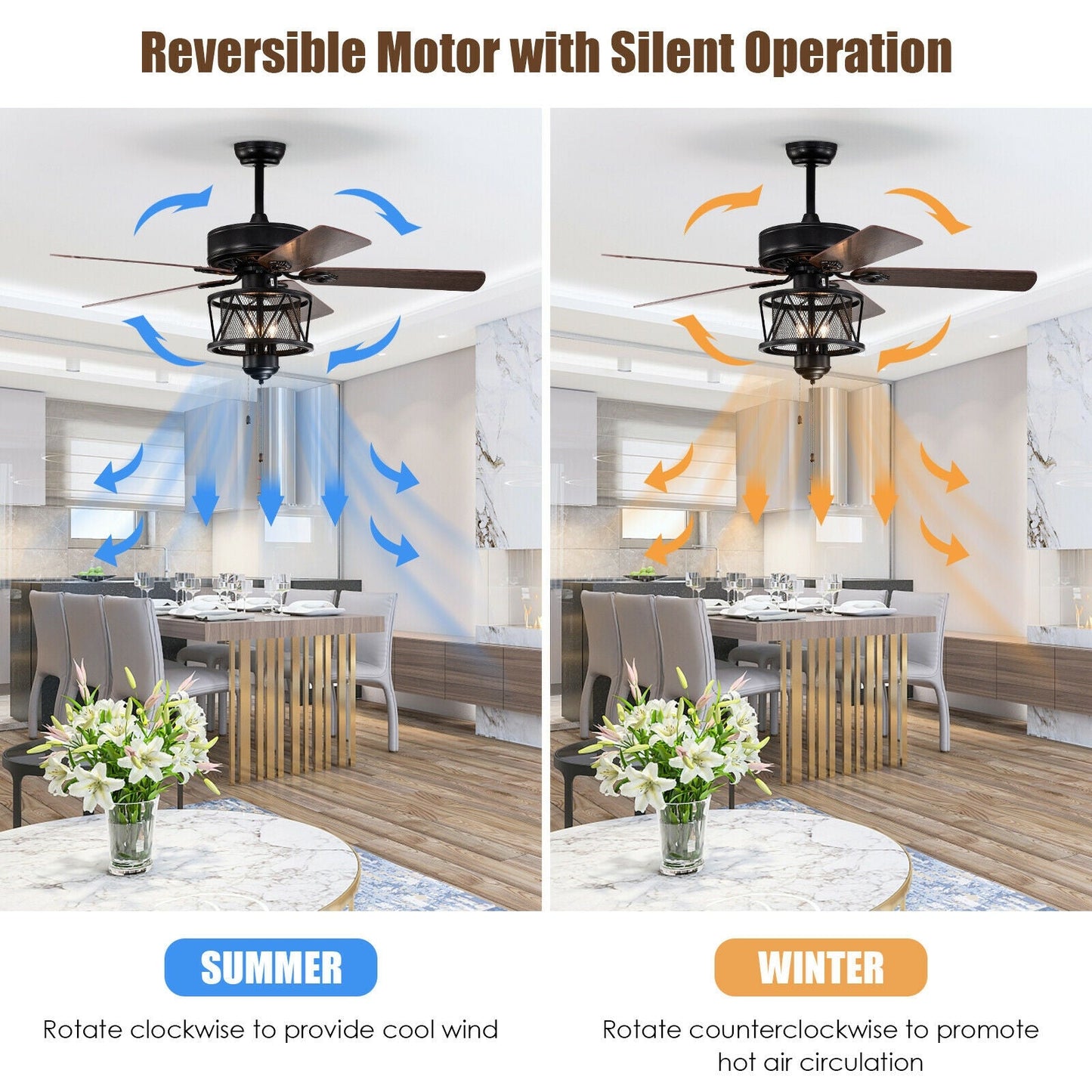 Ventilador de techo de 50 pulgadas con luces, aspas reversibles y control de cadena - Negro